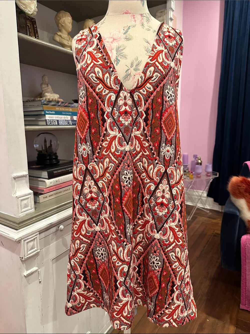 Maeve Red and Cream Embroidered V-Neck Mini Dress